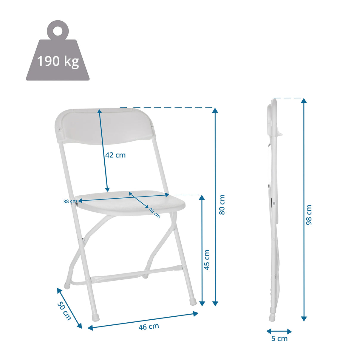 Technische Zeichnung des Outdoor Stuhls TUDELA XXL W mit 80 cm Höhe und 190 kg Belastbarkeit von hjh OFFICE