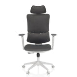 Grauer Homeoffice-Bürostuhl ERGOMY WF mit Stoffbezug, weißem Rahmen und Fußkreuz mit fünf Rollen von MyBuero – 360-Grad-Ansicht (Frontansicht 0°)
