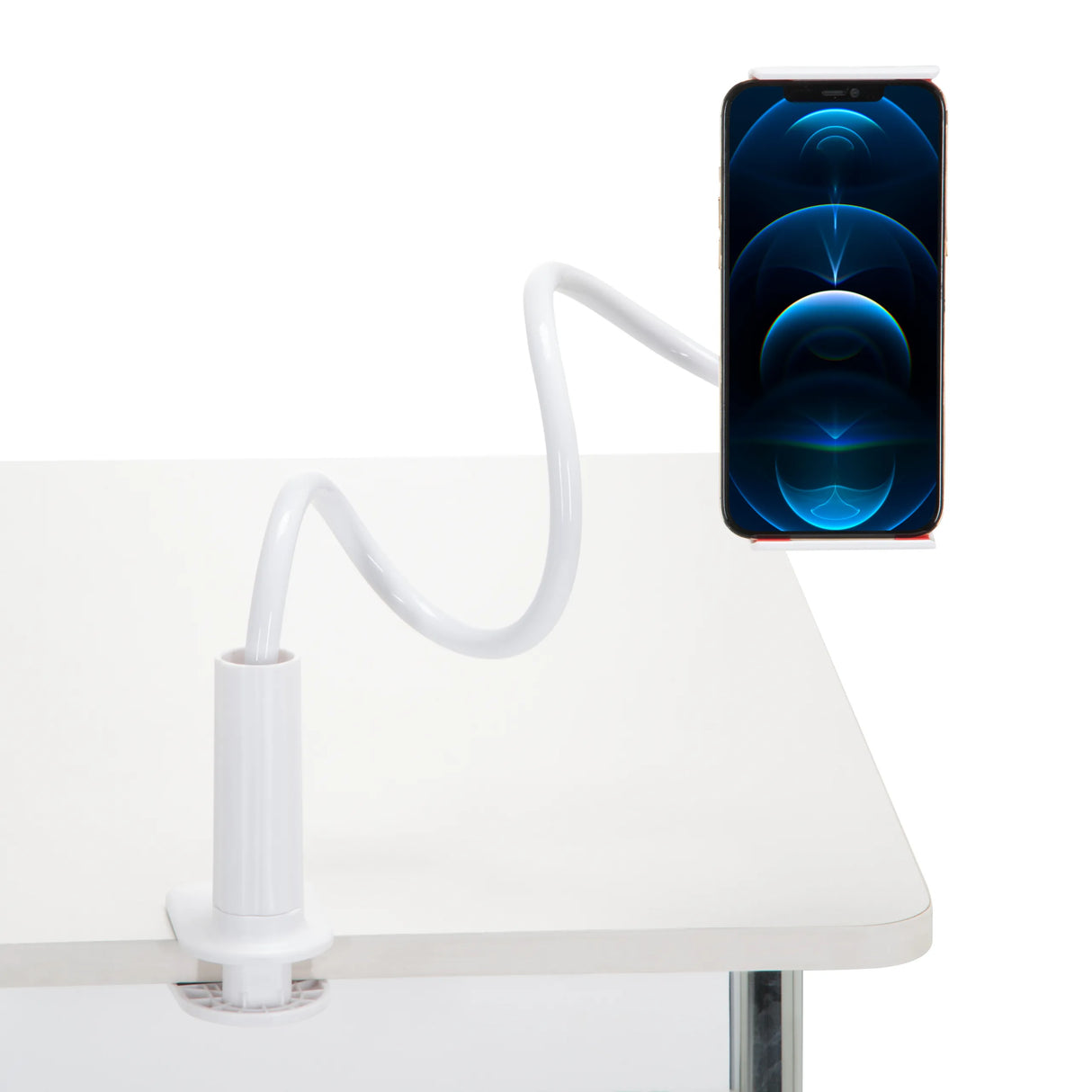 Weiße Handy- und Tablet-Halterung FLEXMOBI I mit flexiblem Schwanenhals und Tischbefestigung von hjh OFFICE – 360-Grad-Ansicht (Frontansicht 0°)