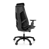 Schwarzer High-End-Bürostuhl GENIDIA BLACK mit Stoffbezug und Fußkreuz mit fünf Rollen von hjh OFFICE – 360-Grad-Ansicht (schräge Rückenansicht 140°)