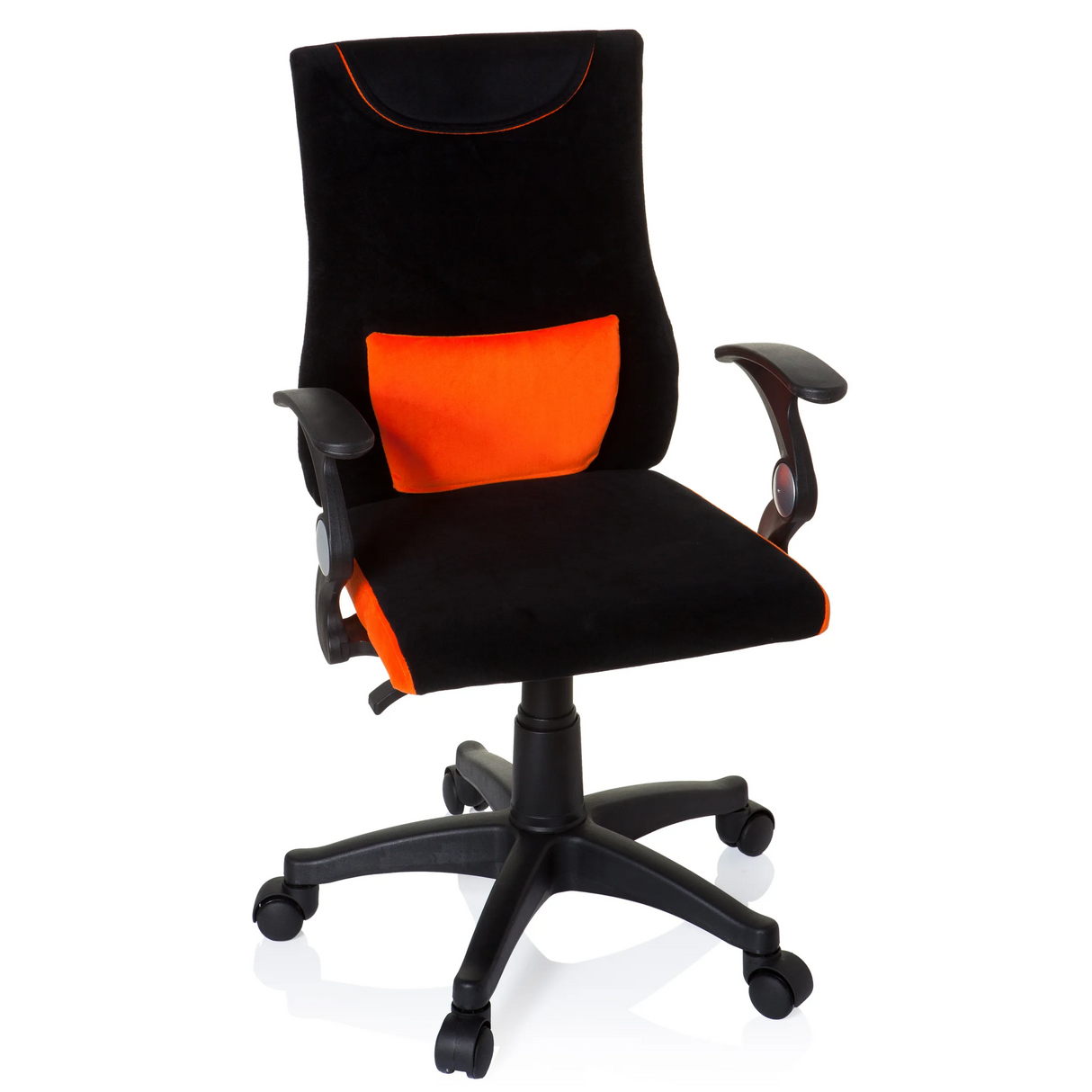 Schwarz-orangefarbener Kinderdrehstuhl KIDDY PRO AL mit Lendenkissen und Fußkreuz mit fünf Rollen von hjh OFFICE – 360-Grad-Ansicht (Frontansicht 20°)