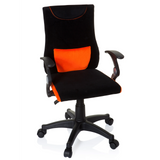Schwarz-orangefarbener Kinderdrehstuhl KIDDY PRO AL mit Lendenkissen und Fußkreuz mit fünf Rollen von hjh OFFICE – 360-Grad-Ansicht (Frontansicht 20°)