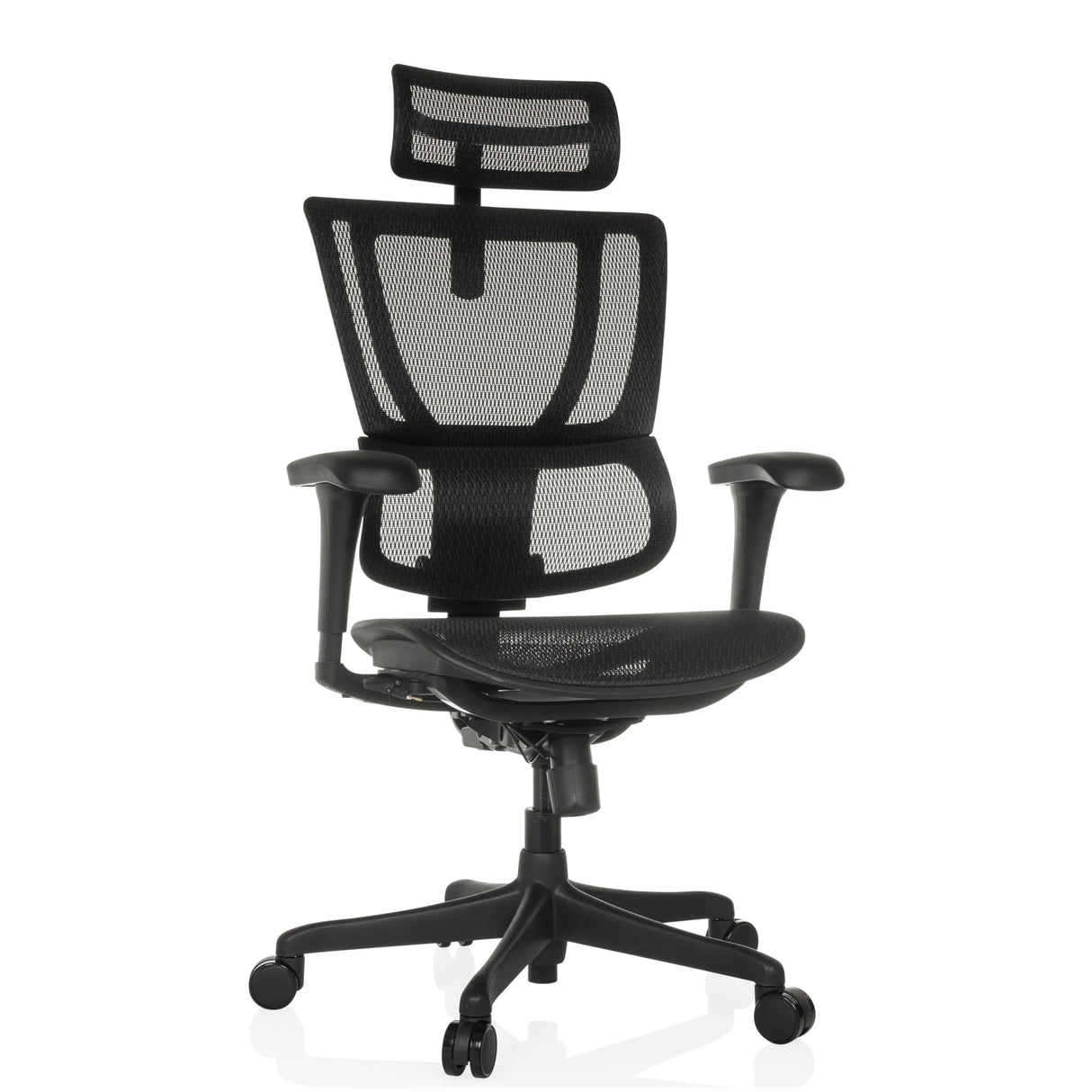 Schwarzer Luxus-Chefsessel ERGOHUMAN SLIM ECO M GEN2 mit Netzrücken und Fußkreuz mit fünf Rollen von hjh OFFICE – 360-Grad-Ansicht (Frontansicht 15°)