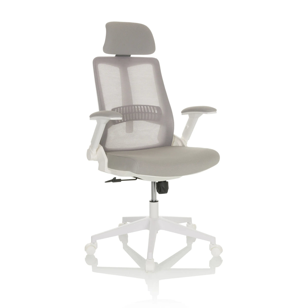 Grauer Homeoffice-Bürostuhl VENDO W mit Netzrücken und weißem Fußkreuz mit fünf Rollen von hjh OFFICE – 360-Grad-Ansicht (schräge Frontansicht 30°)