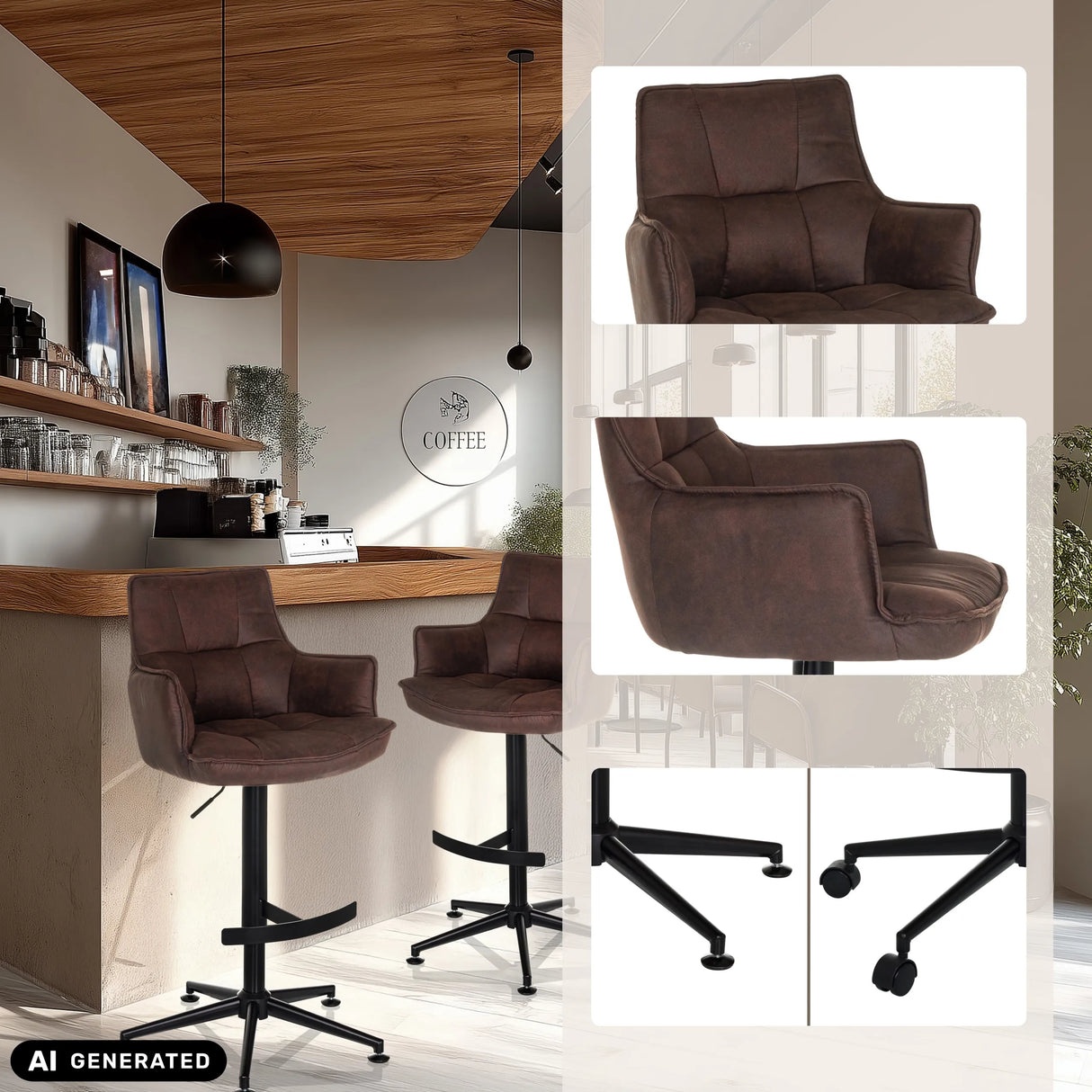 Brauner Barhocker SOLAO LIFE HIGH mit Sternfuß und optionalen Rollen von hjh LIVING (KI-generiertes Bild)