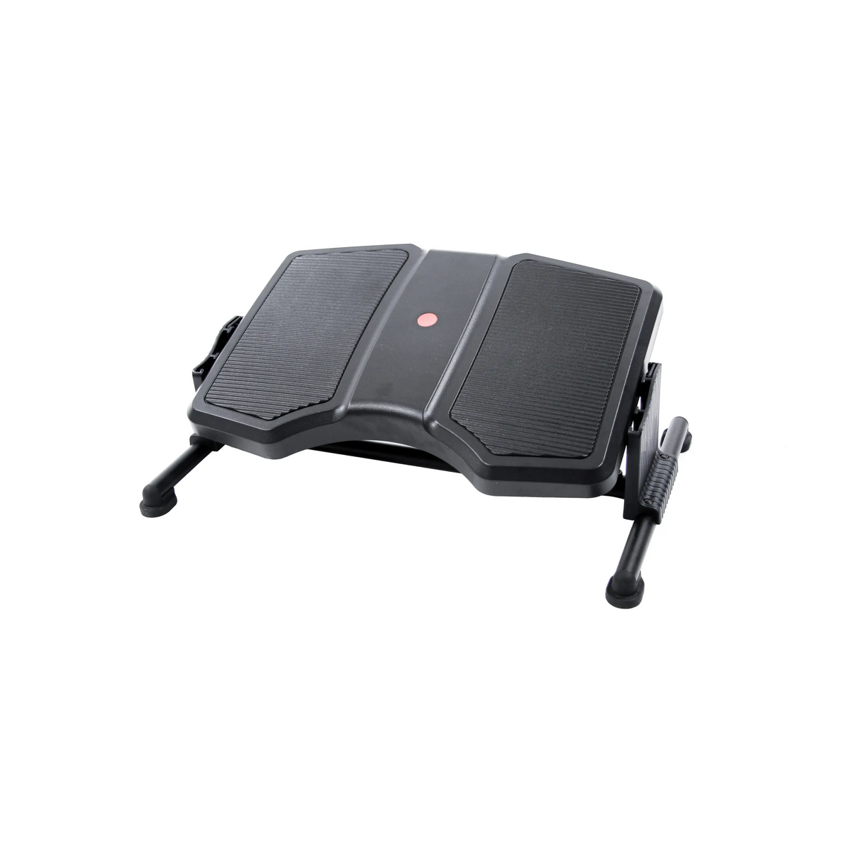 Schwarze Fußablage PODI II mit geriffelten Standflächen und Metallgestell von hjh OFFICE – 360-Grad-Ansicht (schräge Frontansicht 60°)