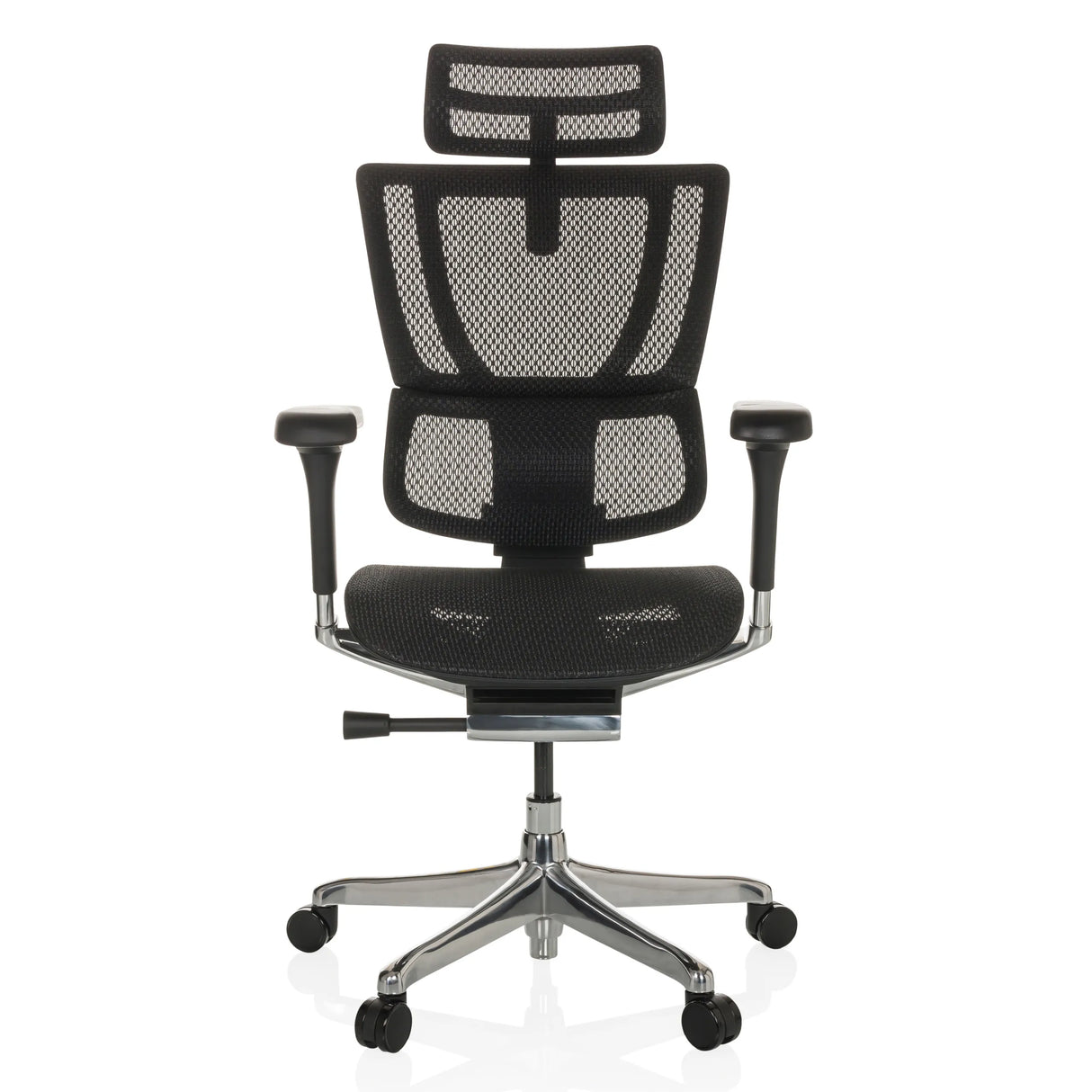 Schwarzer Luxus-Chefsessel ERGOHUMAN SLIM GEN2 mit Netzrücken, Armlehnen und Fußkreuz mit fünf Rollen von hjh OFFICE – 360-Grad-Ansicht (Frontansicht 0°)