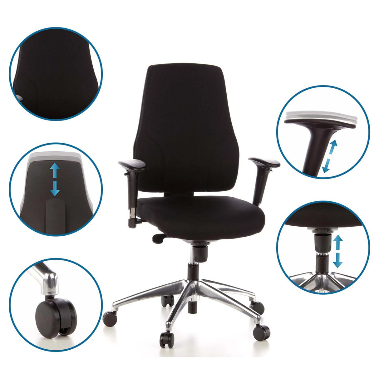 Verstellbare Funktionen des Profi-Bürostuhls PRO-TEC 200 mit Armlehnen und Gasfeder von hjh OFFICE