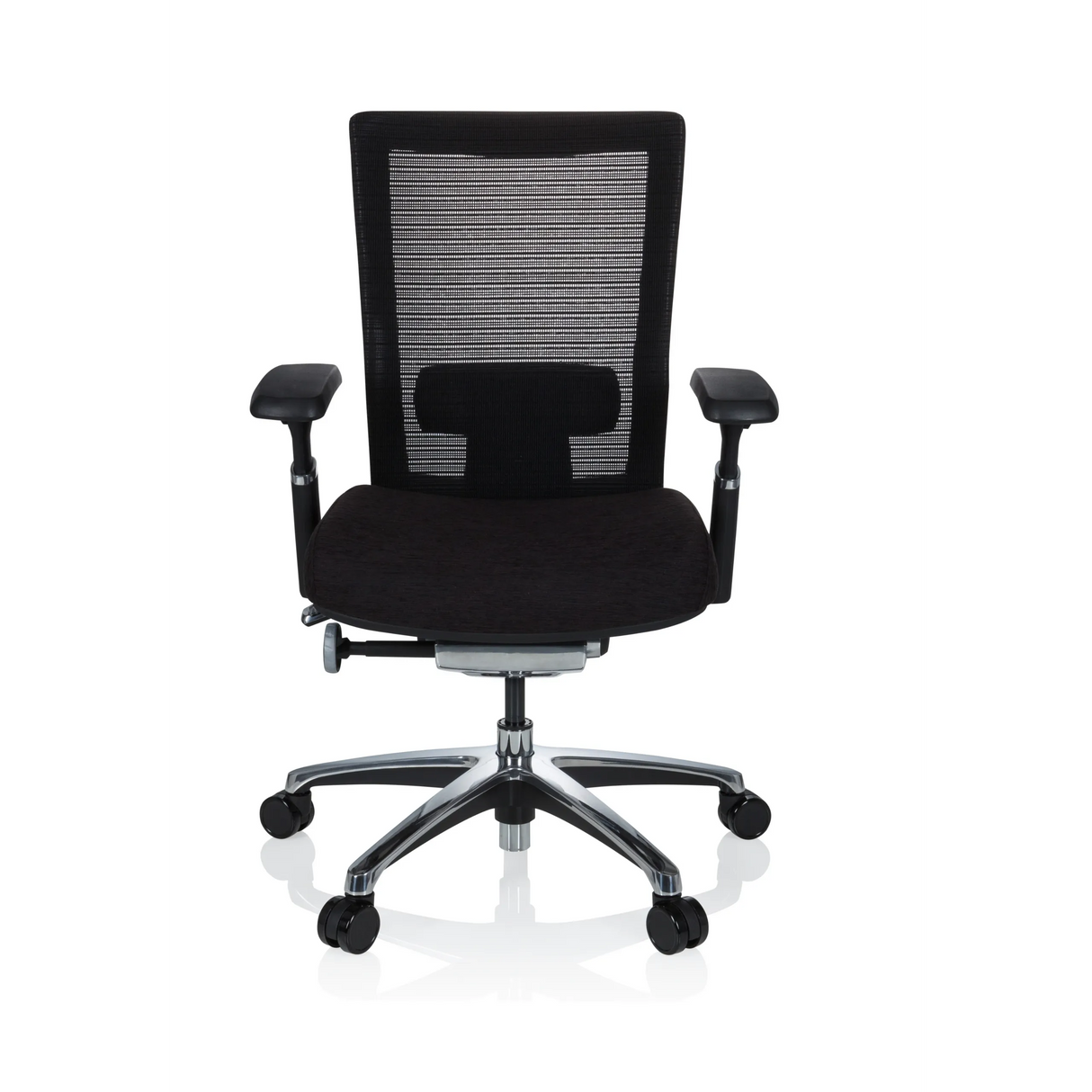 Schwarzer High-End-Bürostuhl NOVA PRO ALU mit Netzrücken und Fußkreuz mit fünf Rollen von hjh OFFICE – 360-Grad-Ansicht (Frontansicht 0°)
