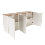Geöffnetes Sideboard KELO S in Weiß mit einer Tischplatte in Eicheoptik von hjh LIVING
