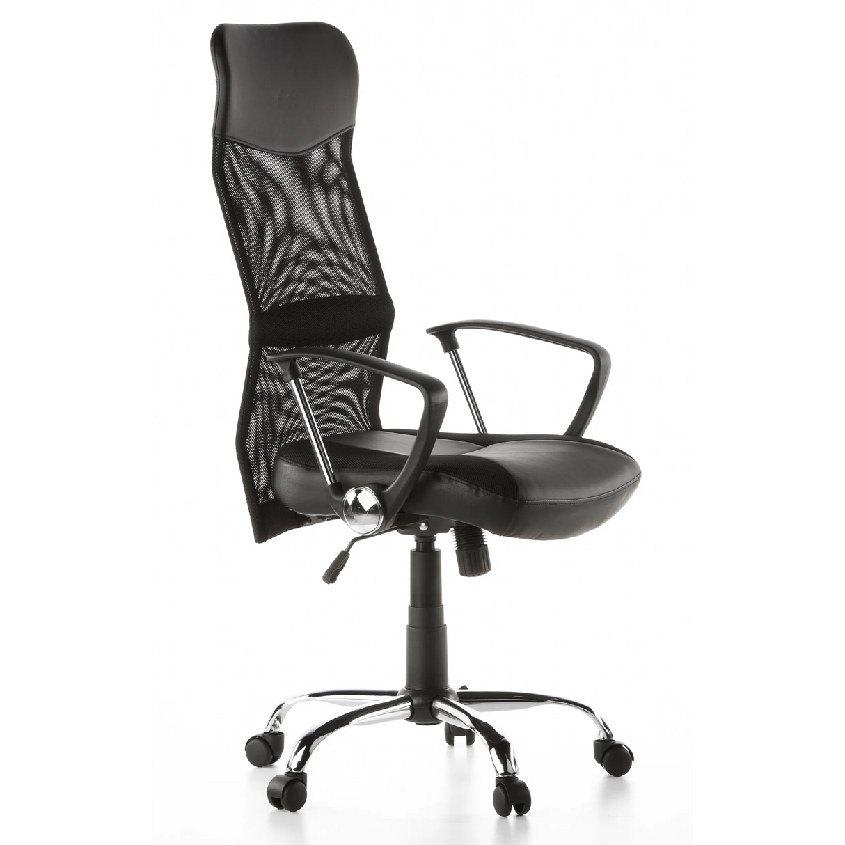 Schwarzer Homeoffice Chefsessel ARTON 20 mit Netzrücken und Fußkreuz mit fünf Rollen von hjh OFFICE – 360-Grad-Ansicht (schräge Frontansicht 60°)
