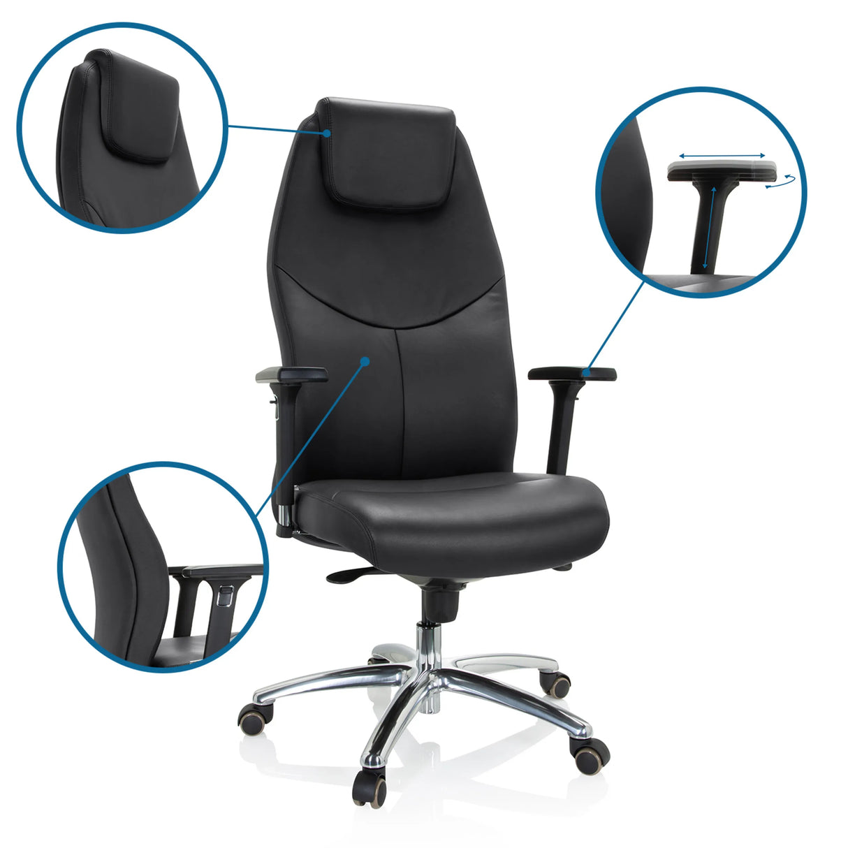 Verstellbare Kopfstütze und Armlehnen des Profi-Chefsessel FERRARA von hjh OFFICE