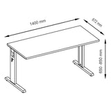 Maßzeichnung des höhenverstellbaren Schreibtischs MEGA 614 G mit 1400 x 672 mm und 650-850 mm Höhe von hjh OFFICE PRO