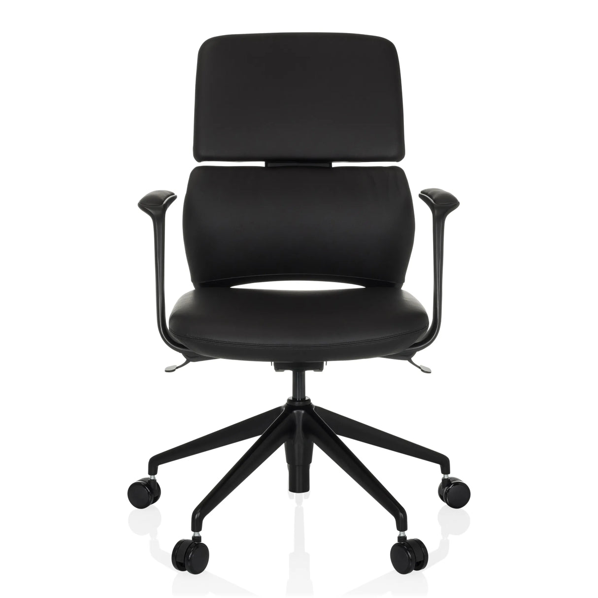 Schwarzer Profi-Bürostuhl ATMOS DESIGNER mit Armlehnen und Fußkreuz mit fünf Rollen von hjh OFFICE – 360-Grad-Ansicht (Frontansicht 0°)