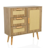 Hellbraunes Sideboard STRYN mit drei Schubladen, einer Tür und Wiener Geflecht von hjh LIVING – 360-Grad-Ansicht (schräge Frontansicht 30°)