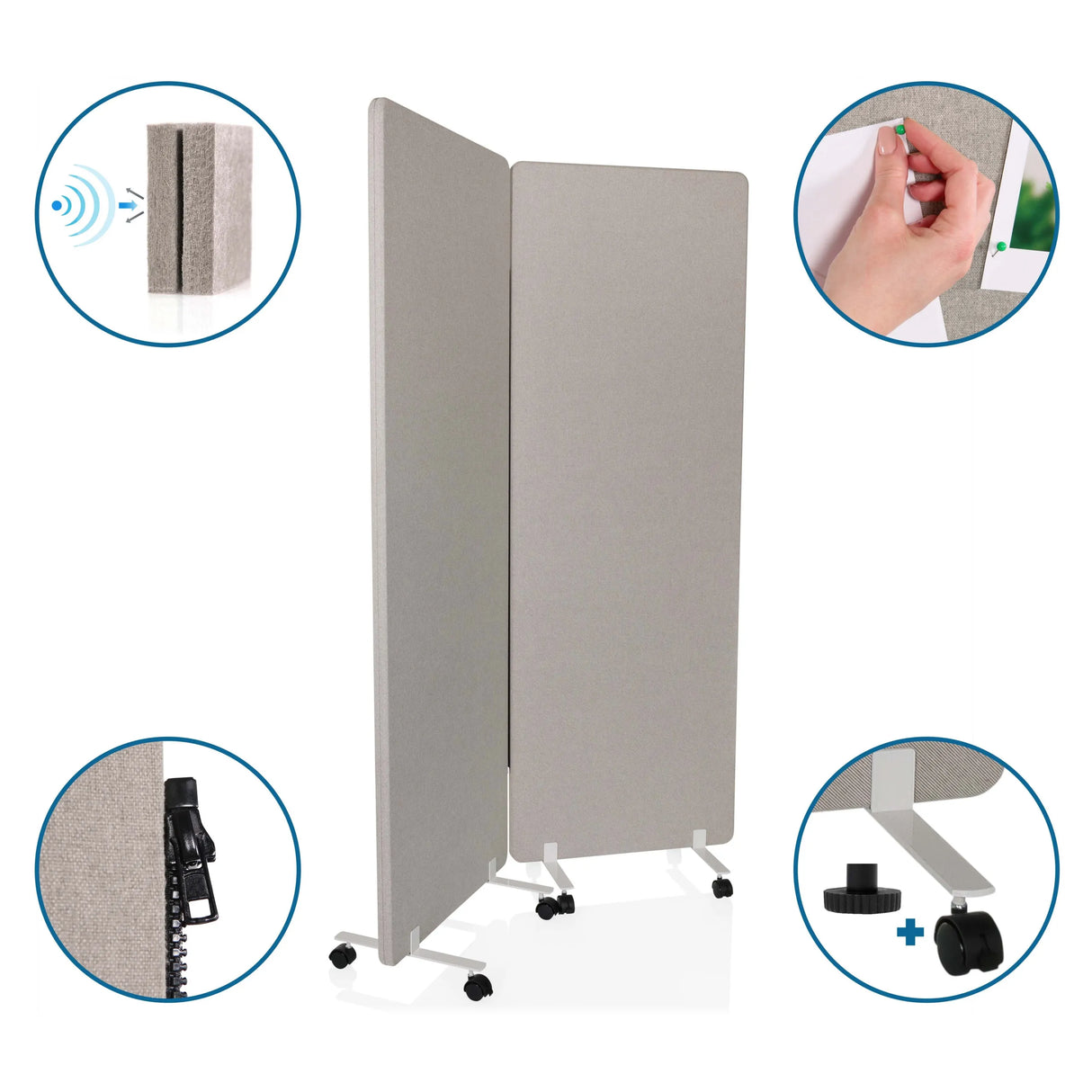 Graue Trennwände FLEXMIUT 1 mit Rollen, Pinwand-Funktion und schallabsorbierendem Material von hjh OFFICE
