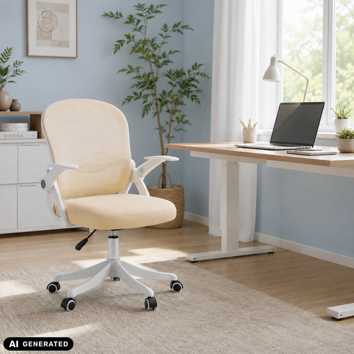 Beiger Homeoffice-Bürostuhl Naluro mit weißen Armlehnen und Fußkreuz im hellen Raum von hjh OFFICE (KI-generiertes Bild)