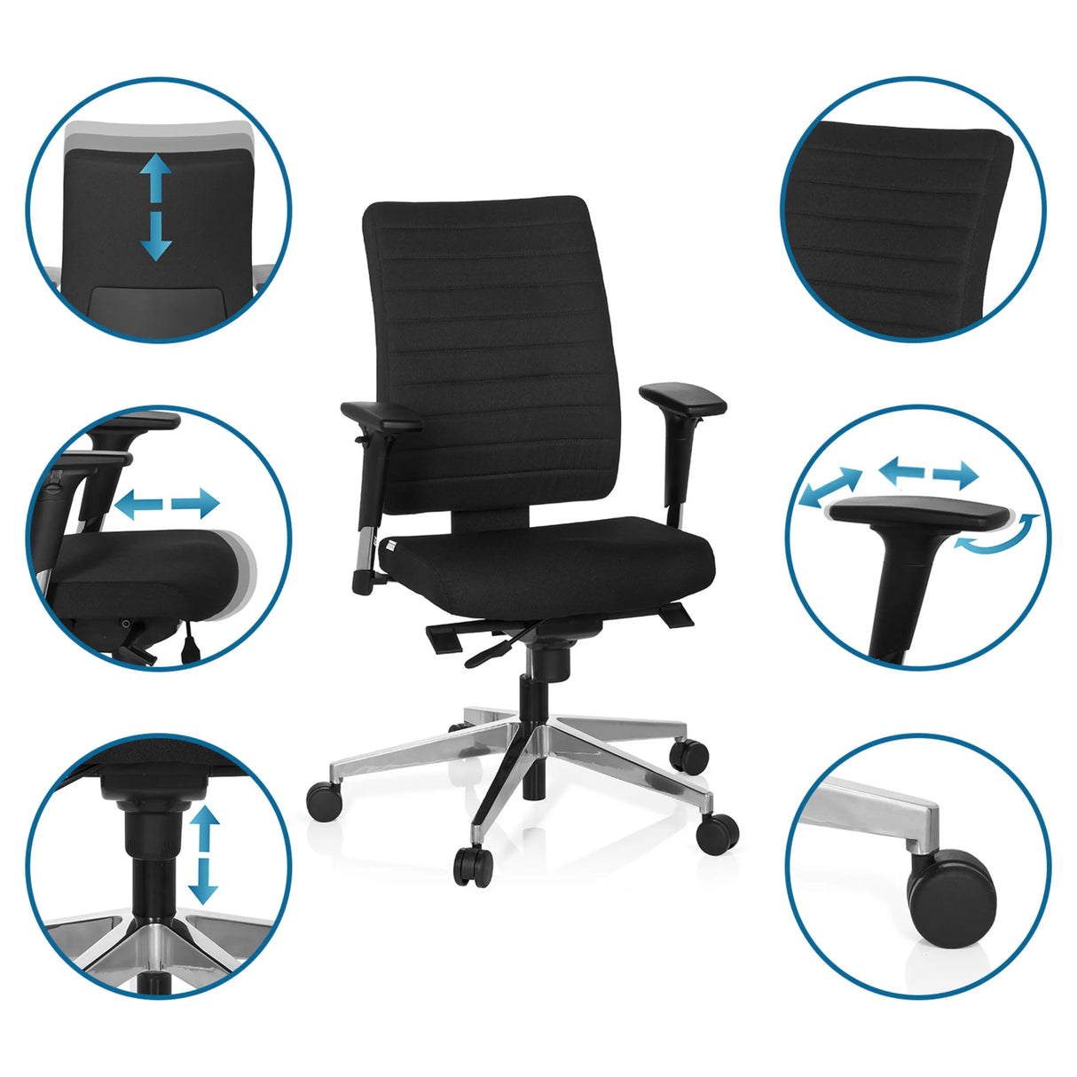Verstellbare Funktionen des Profi-Bürostuhls PRO-TEC 350 in Schwarz von hjh OFFICE