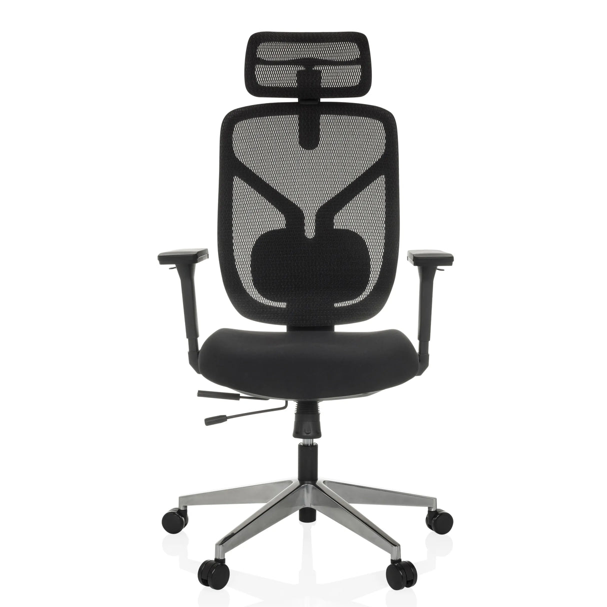 Schwarzer High-End-Bürostuhl CASSILIS B mit Netzrücken und Fußkreuz mit fünf Rollen von hjh OFFICE – 360-Grad-Ansicht (Frontansicht 0°)