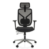 Schwarzer High-End-Bürostuhl CASSILIS B mit Netzrücken und Fußkreuz mit fünf Rollen von hjh OFFICE – 360-Grad-Ansicht (Frontansicht 0°)