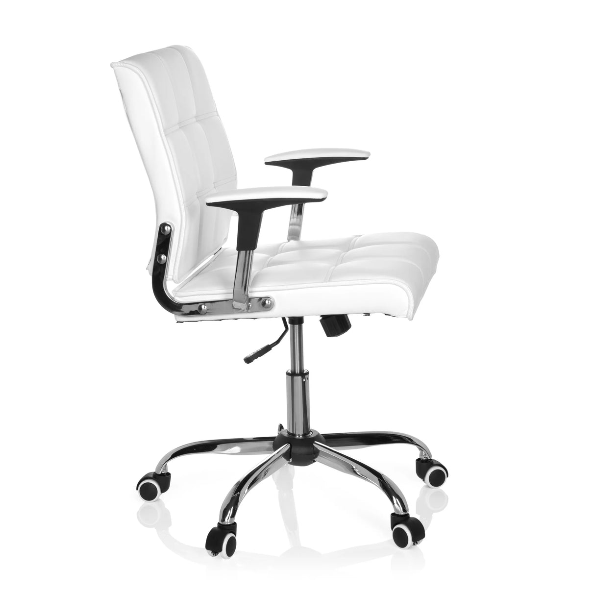 Weißer Homeoffice-Bürostuhl ERNESTO mit gesteppter Polsterung und Fußkreuz mit fünf Rollen von hjh OFFICE – 360-Grad-Ansicht (Seitenprofil 80°)
