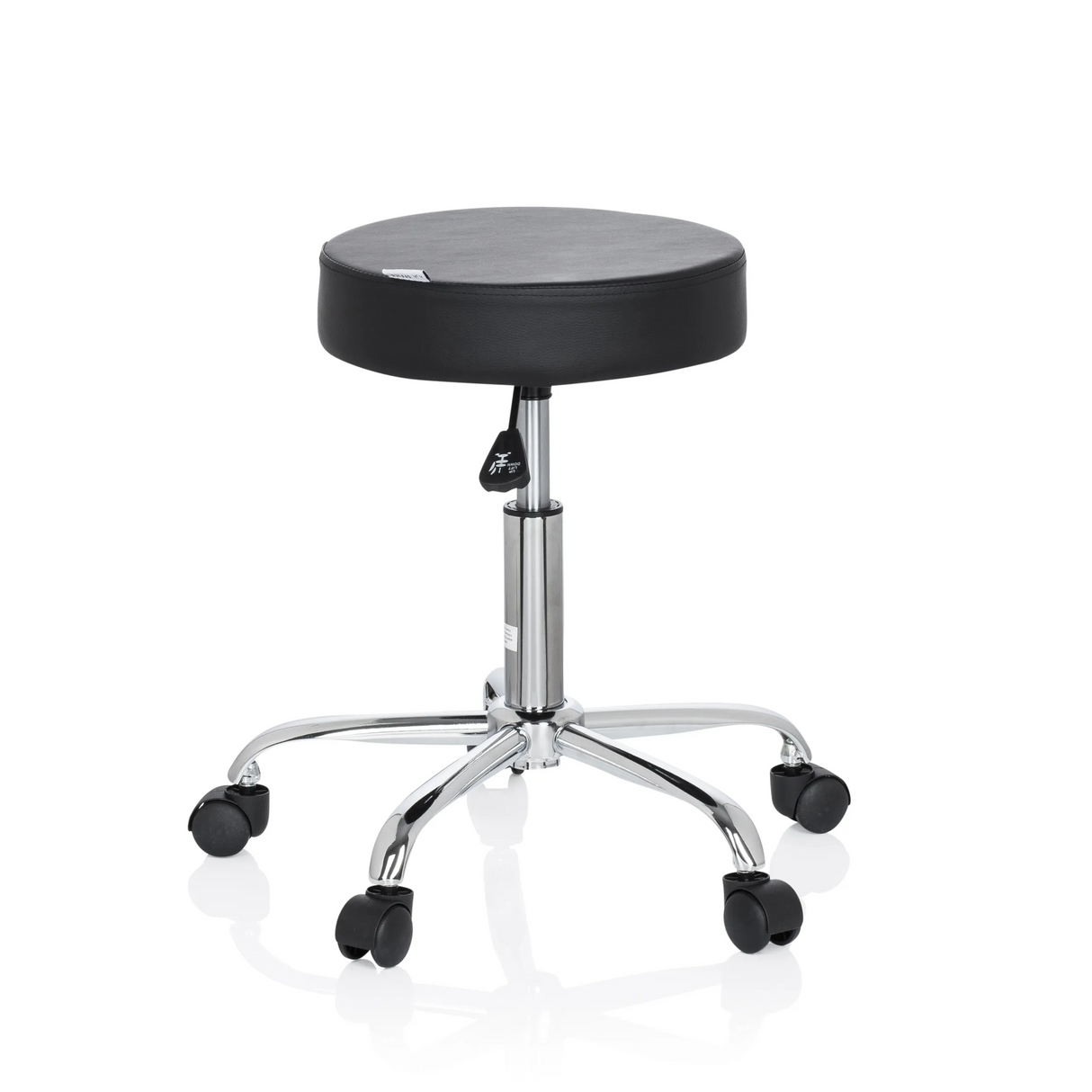 Schwarzer Drehhocker OPERATOR II mit Gasfeder und Fußkreuz mit fünf Rollen von hjh OFFICE – 360-Grad-Ansicht (Seitenprofil 80°)