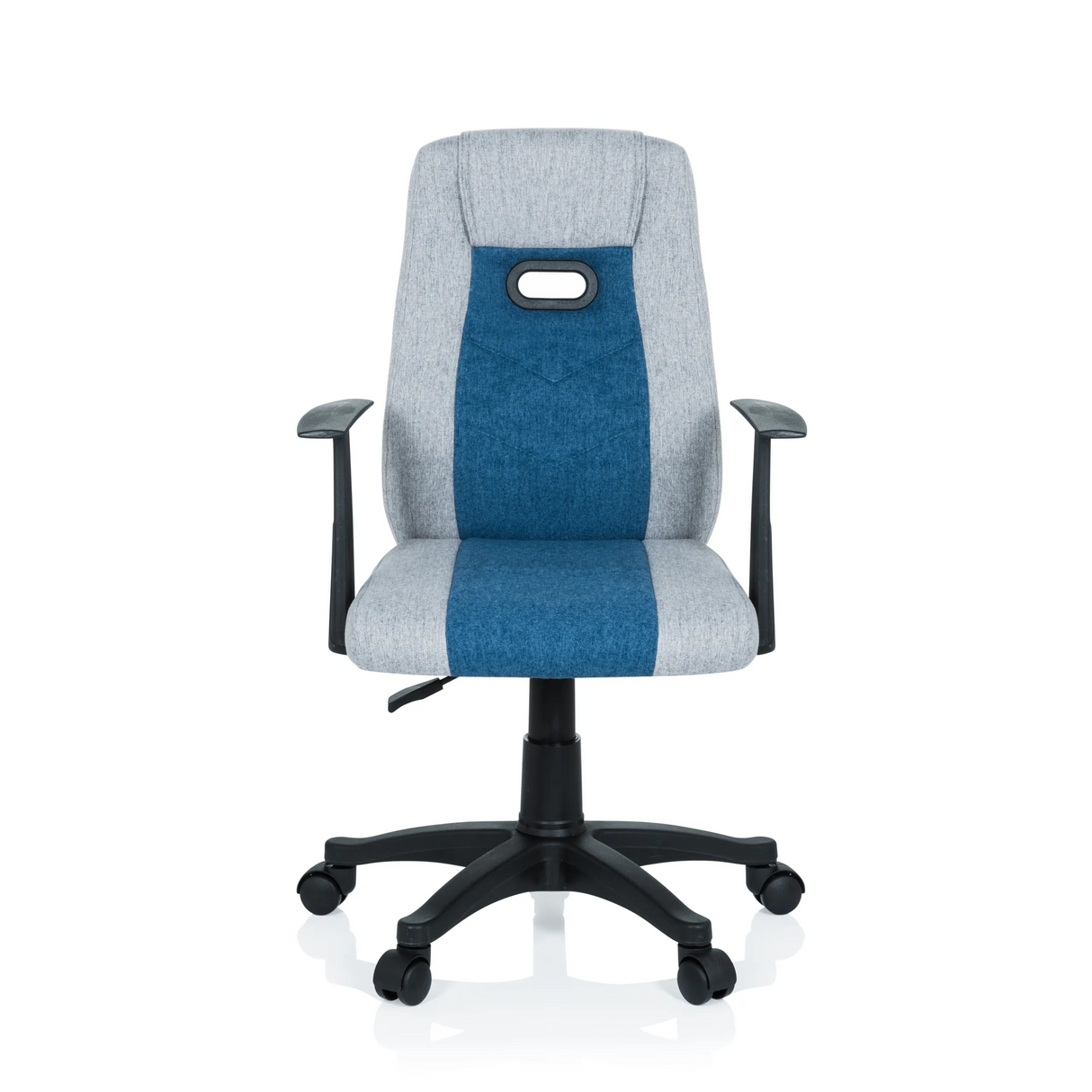 Grau-blauer Kinderdrehstuhl KIDDY EXTRA mit Armlehnen und Fußkreuz mit fünf Rollen von hjh OFFICE – 360-Grad-Ansicht (Frontansicht 0°)
