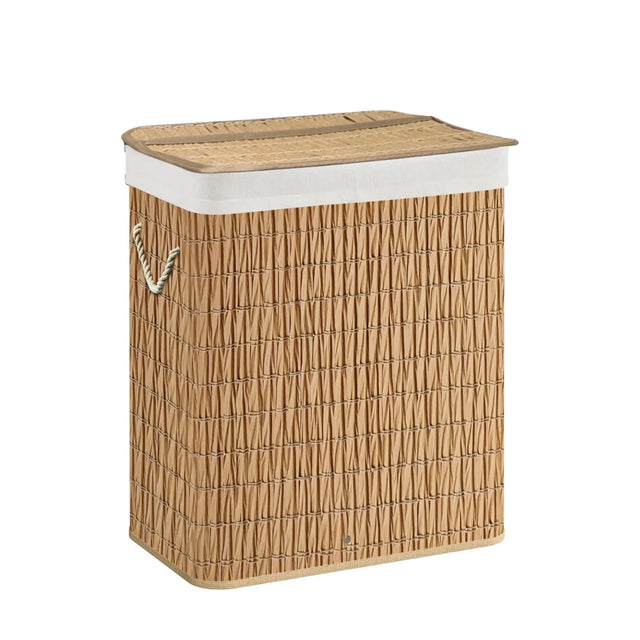 Brauner Wäschekorb FALSTER XL R aus geflochtenem Material mit weißem Rand und Deckel von hjh LIVING
