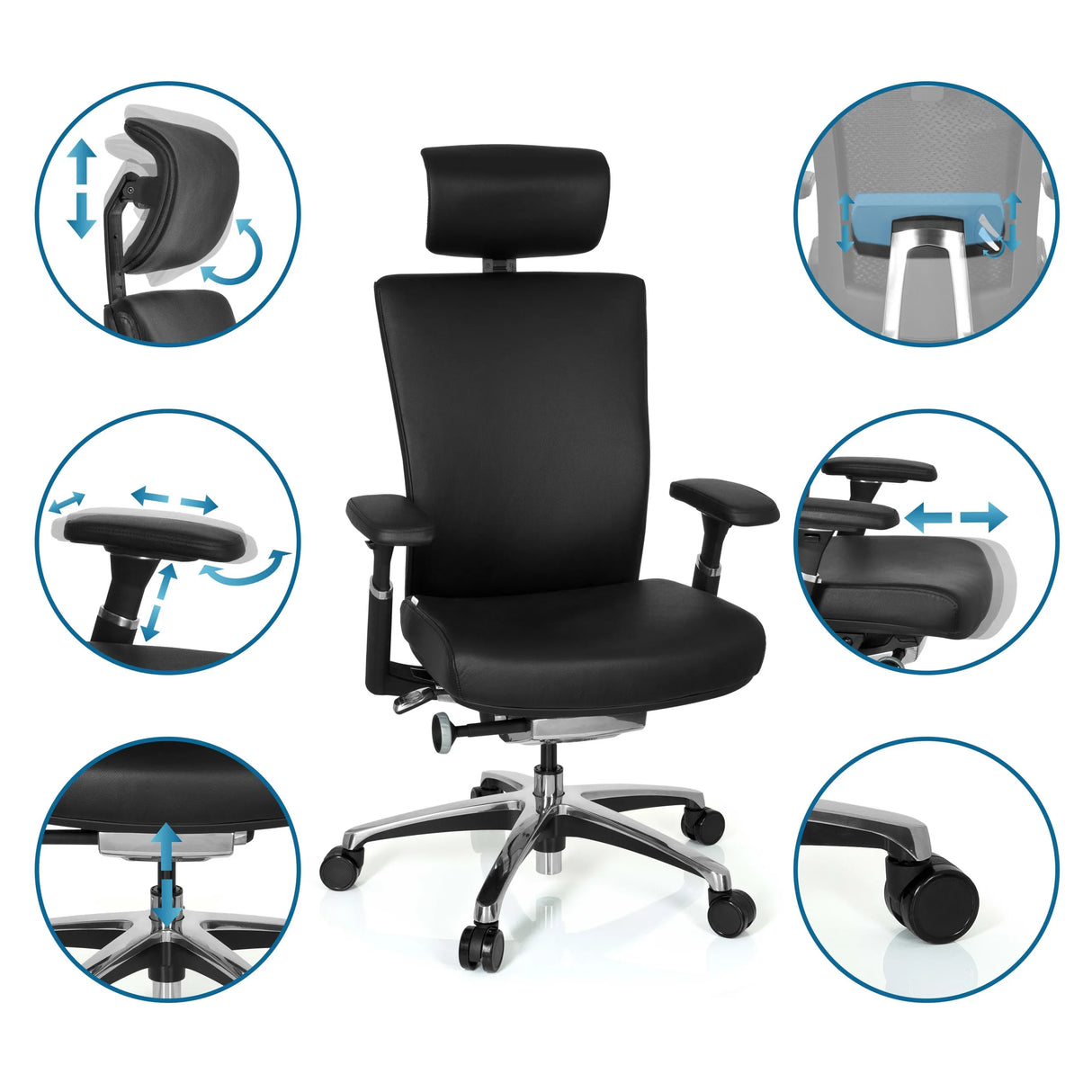 Verstellbare Funktionen des schwarzen Leder-Profi-Bürostuhls NOVA von hjh OFFICE