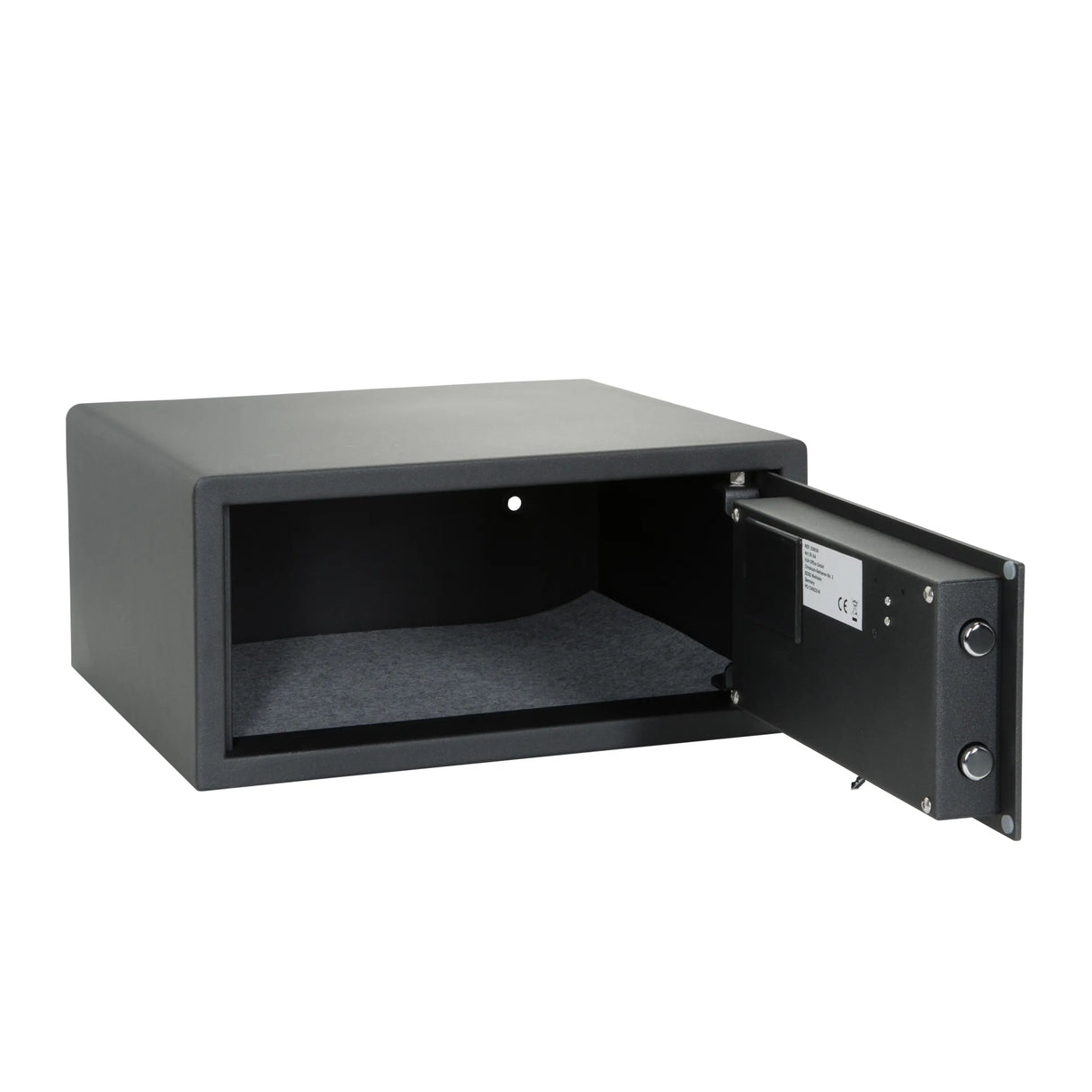 Schwarzer Tresor SAFE COMPACT I mit digitalem Zahlenschloss und Drehgriff von hjh OFFICE – 360-Grad-Ansicht (schräge Rückenansicht 240°)