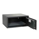 Schwarzer Tresor SAFE COMPACT I mit digitalem Zahlenschloss und Drehgriff von hjh OFFICE – 360-Grad-Ansicht (schräge Rückenansicht 240°)
