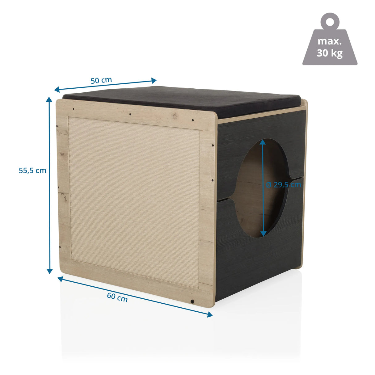 Maßansicht des Katzenhauses KITTY PAWBOX 2 mit einer Höhe von 55,5 cm und Breite von 60 cm von hjh LIVING