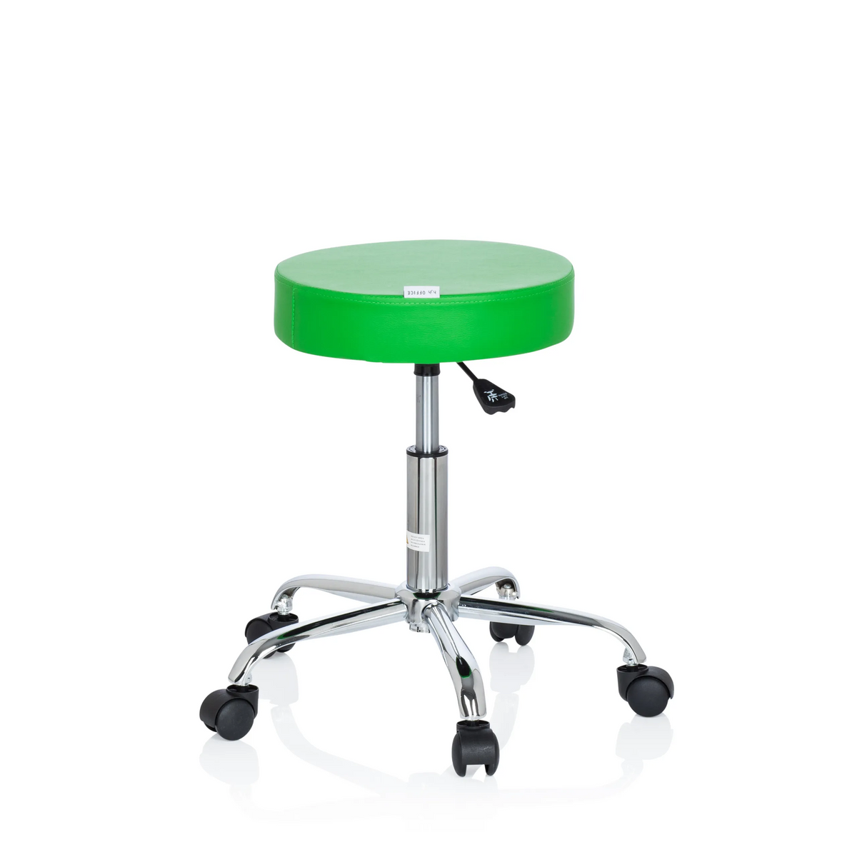 Grüner Drehhocker OPERATOR II mit einer runden Sitzfläche und einem Fußkreuz mit fünf Rollen von hjh OFFICE – 360-Grad-Ansicht (schräge Rückenansicht 120°)
