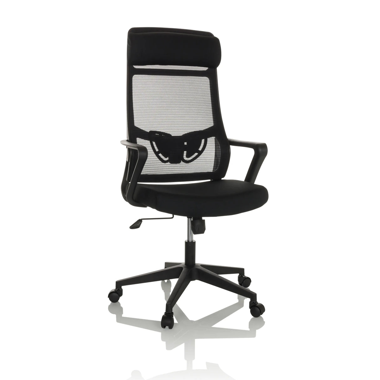 Schwarzer Homeoffice-Bürostuhl NEKEO mit Netzrücken und Fußkreuz mit fünf Rollen von hjh OFFICE – 360-Grad-Ansicht (Frontansicht 15°)