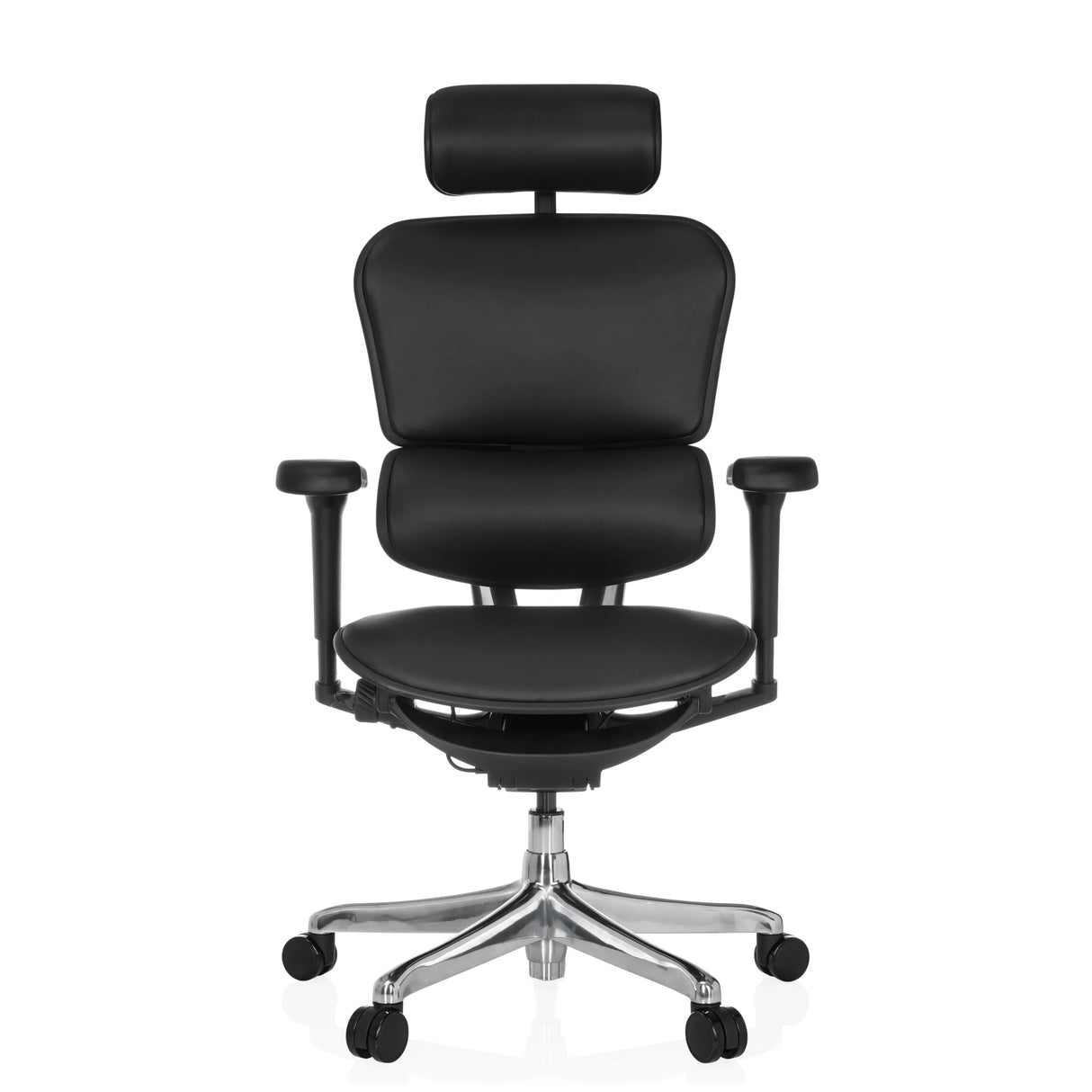 Schwarzer Luxus-Chefsessel ERGOHUMAN ULTRA L GEN2 aus Leder mit Kopfstütze und Fußkreuz mit fünf Rollen von hjh OFFICE – 360-Grad-Ansicht (Frontansicht 0°)