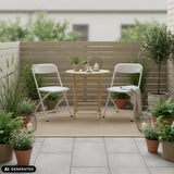 Zwei weiße Outdoor-Stühle TUDELA XXL PRO W an einem runden Holztisch auf einer Terrasse von hjh OFFICE (KI-generiertes Bild)