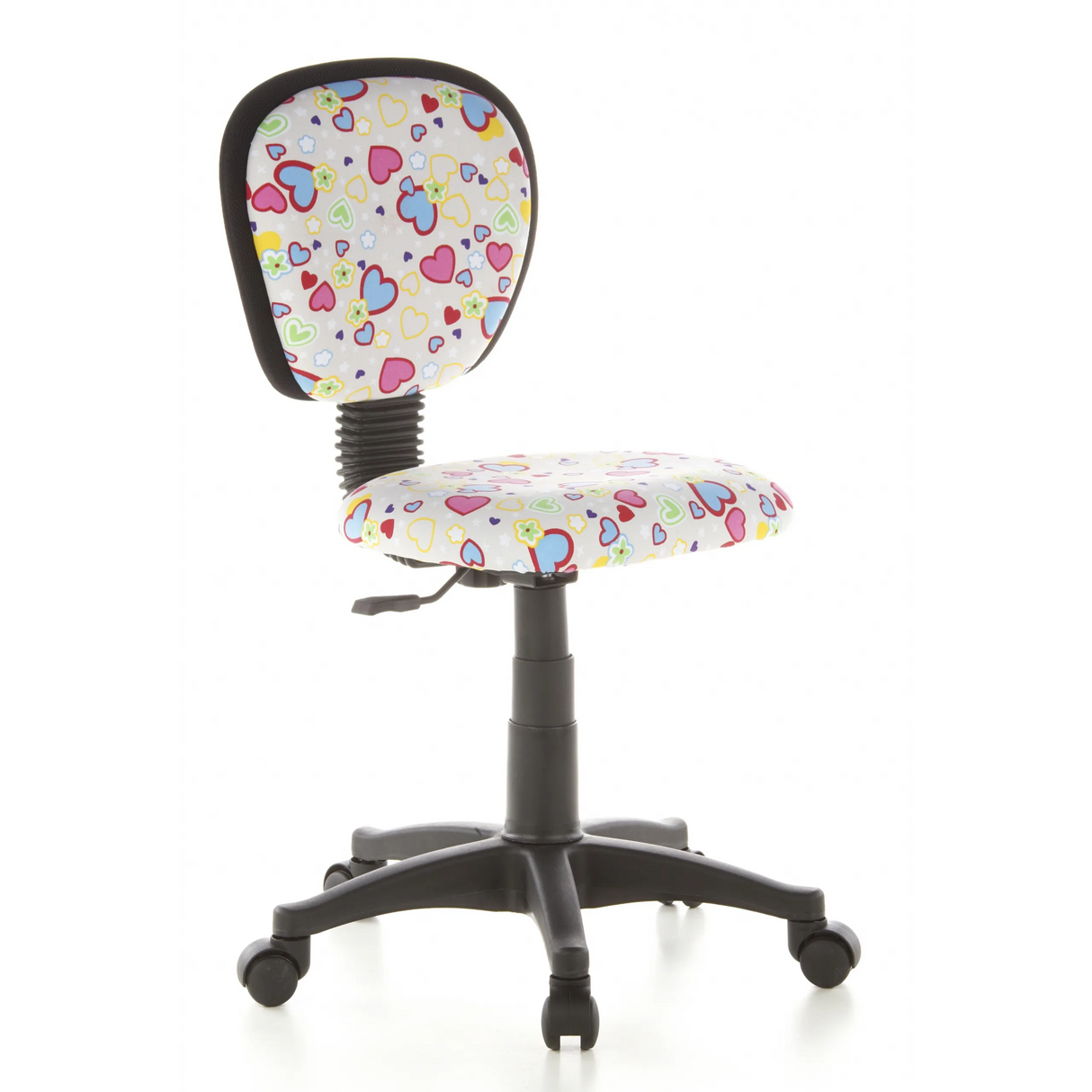 Kinderdrehstuhl KIDDY TOP mit buntem Herz- und Blumenmuster sowie Fußkreuz mit fünf Rollen von hjh OFFICE – 360-Grad-Ansicht (schräge Frontansicht 40°)