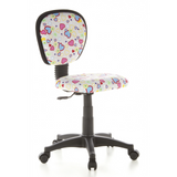 Kinderdrehstuhl KIDDY TOP mit buntem Herz- und Blumenmuster sowie Fußkreuz mit fünf Rollen von hjh OFFICE – 360-Grad-Ansicht (schräge Frontansicht 40°)