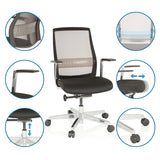 High-End-Bürostuhl FOUNTAINE PRO in Schwarz mit Detailansichten der Verstellmöglichkeiten und Materialien von hjh OFFICE