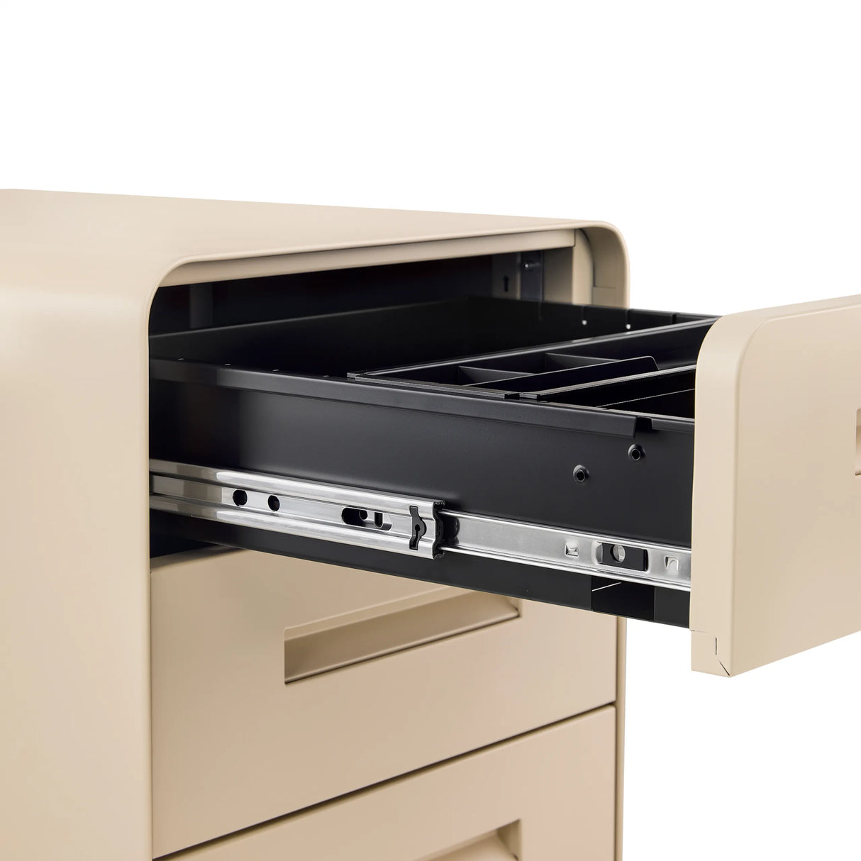Ausgezogene Schublade mit Teleskopschiene des Rollcontainers COLOR PLUS I in Beige von hjh OFFICE