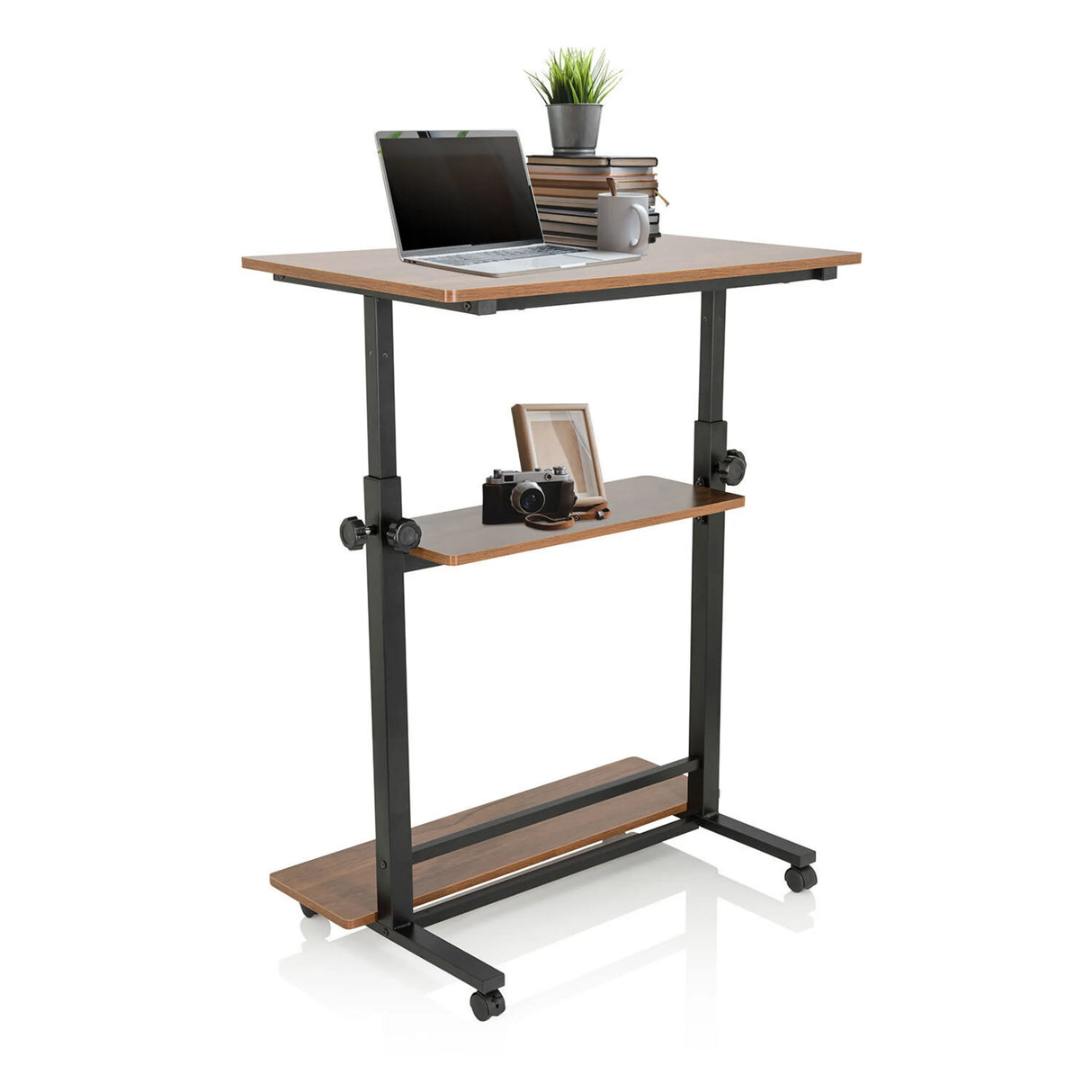 Stehschreibtisch WORKSTATION II in Schwarz und Walnuss mit zwei Ablageflächen und Rollen von hjh OFFICE