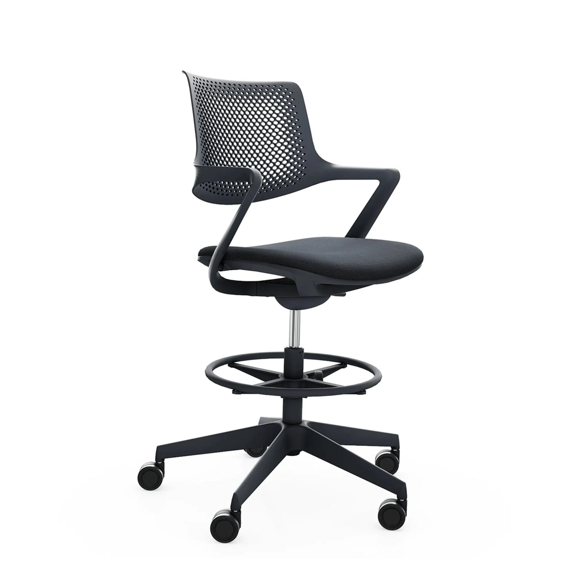 Schwarzer Counterstuhl FLEX CHAIR C mit Netzrückenlehne, Fußring und Rollen von Bosen Europe