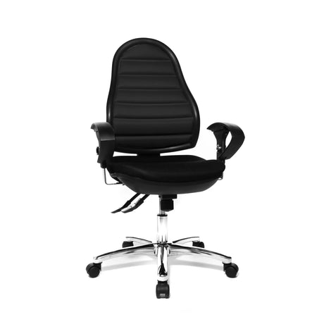 Schwarzer Profi-Bürostuhl Flex Point SY Deluxe mit Polsterbezug, Armlehnen und verchromtem Fußkreuz von Topstar