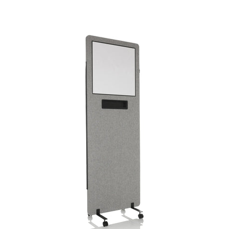 Hellgraue Trennwand FLEXMIUT WB mit integriertem Whiteboard, Ablagefach und Rollen von hjh OFFICE
