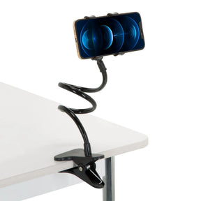 Schwarze Handy- und Tablethalterung FLEXMOBI mit flexiblem Schwanenhals und Tischklemme von hjh OFFICE