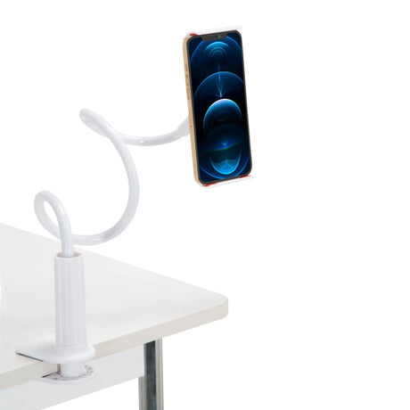 Weiße Handy- und Tablethalterung FLEXMOBI I mit flexiblem Schwanenhals und Tischklemme von hjh OFFICE