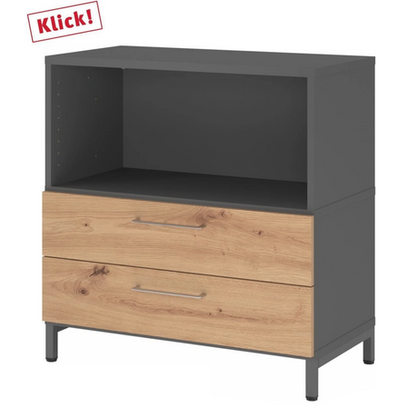 Sideboard FlexWall in Graphit und Asteiche mit offenem Fach sowie zwei Schubladen von hjh OFFICE PRO