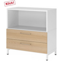 Weißer Lowboard-Schrank FlexWall mit zwei eichenfarbenen Schubladen und weißem Sockelgestell von hjh OFFICE PRO