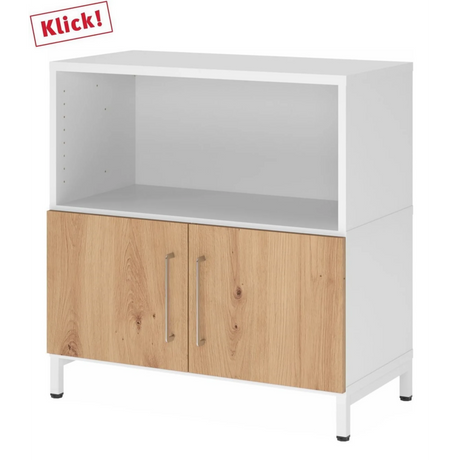 Sideboard FlexWall mit weißem Korpus, zwei Türen in Asteiche und weißem Sockelgestell von hjh OFFICE PRO
