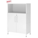 Weißer Aktenschrank FlexWall mit offenem Fach, zwei Türen und einem Sockelgestell von hjh OFFICE PRO